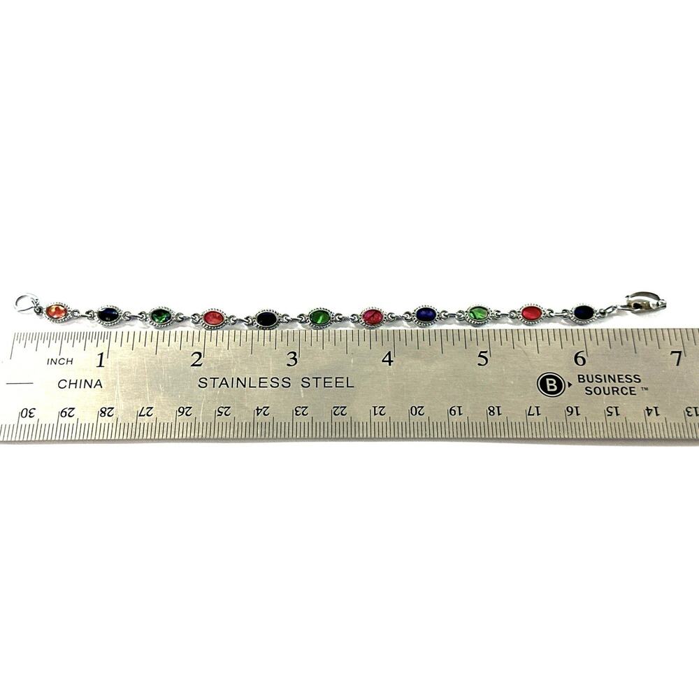 Beautiful Silver Tone Multicolor Inlay Link Bracelet Oval Bezel 7” - Picture 2 of 4